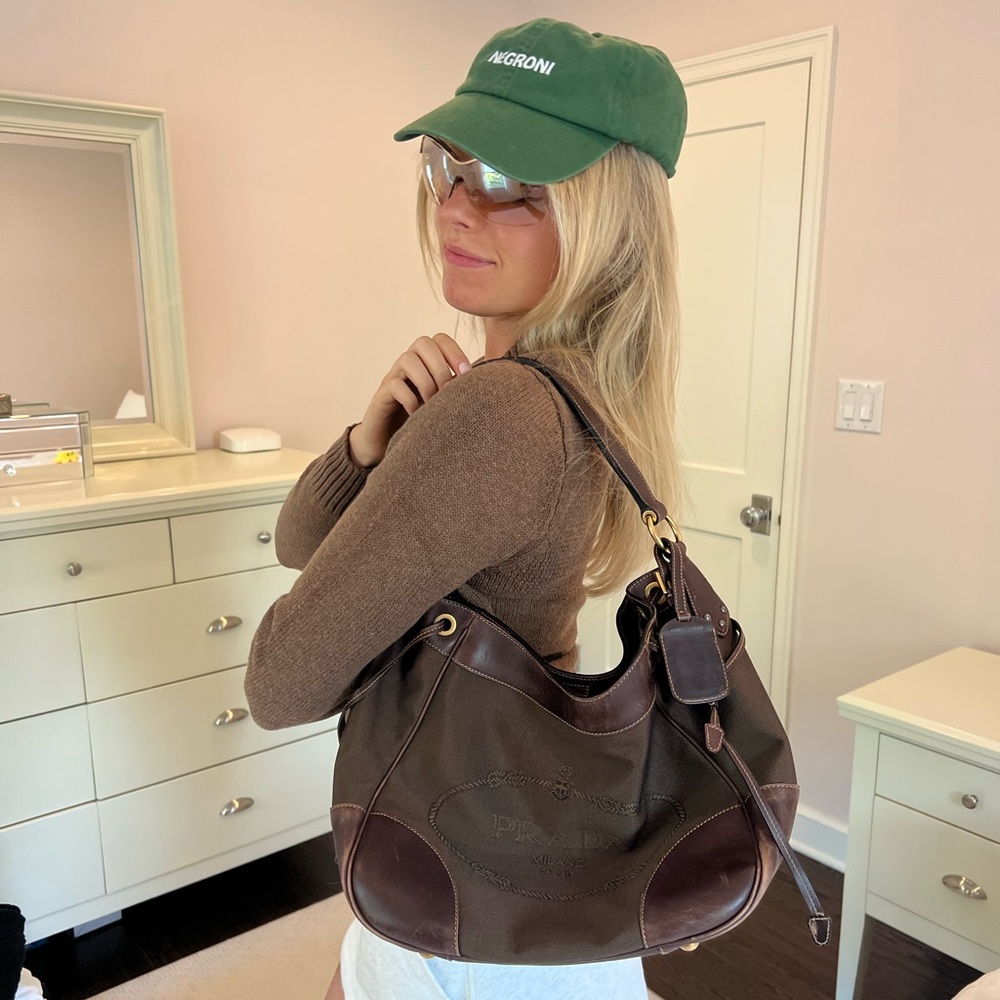 Prada Dark Brown Canvas and Leather Shoulder Bag